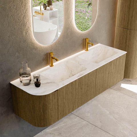 Mondiaz KURVE-DLUX Ensemble de meuble de salle de bains - 155x46x40cm - 2 tiroirs - 1 porte - lavabo solid surface - double / droite - 2 trous de robinet - Dusk SW1415036