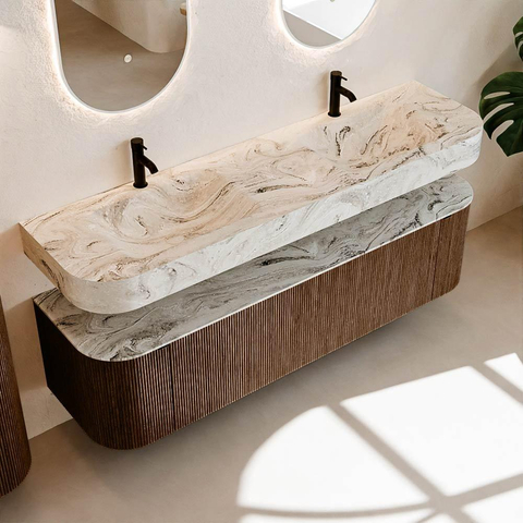 MONDIAZ THOR-DLUX 170cm meuble de salle de bains arrondi gauche + droite couleur Walnut avec 1 tiroir et 2 portes. Vasque suspendue CLOUD Double 2 trous de robinet couleur Glace. SW1465582