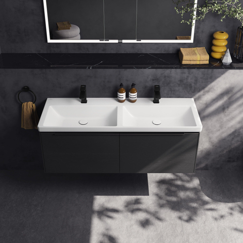 Villeroy & Boch Subway 3.0 meubelwastafel - 130x47x16.5cm Rechthoek - 2 kraangaten - 2 wasbakken - zonder overloopgat CeramicPlus - Stone White (mat wit) SW702142
