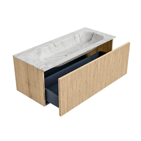 MONDIAZ KURVE-DLUX Meuble de salle de bains 110cm couleur Oak avec 1 tiroir. Vasque BIG MEDIUM centrale 1 trou de robinet couleur Glace. SW1138008