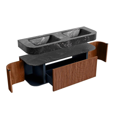 MONDIAZ THOR-DLUX Meuble de salle de bains 140cm arrondi gauche + droite couleur Ruby avec 1 tiroir et 2 portes. Vasque suspendue CLOUD Double 2 trous de robinet couleur Lava. SW1464083