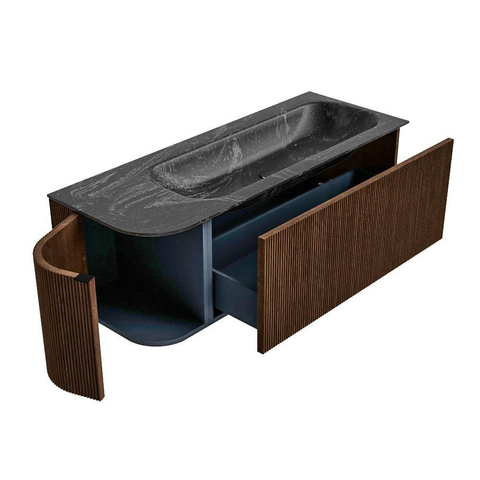 MONDIAZ KURVE-DLUX 125cm badmeubel met module 25 L kleur Walnut met 1 lade en 1 deur. Wastafel BIG MEDIUM rechts zonder kraangat kleur Lava. SW1137253