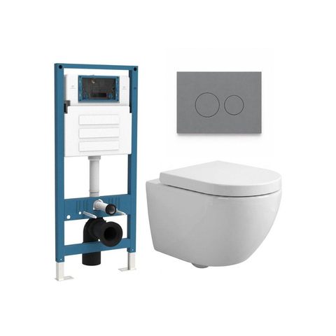 QeramiQ Dely Swirl Compact Toiletset - inbouwreservoir QeramiQ flush - 25mm zitting - kunststof bedieningsplaat licht grijs - ronde knoppen - glans wit SW1590632