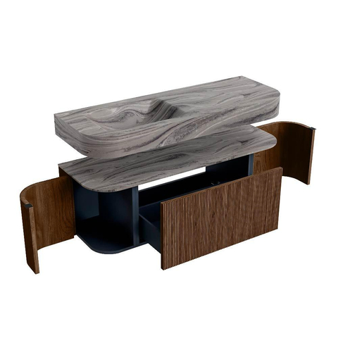 MONDIAZ THOR-DLUX 130cm badmeubel ronding links + rechts kleur Walnut met 1 lade en 2 deuren. Vrijhangende wastafel CLOUD Links zonder kraangat kleur Sombra. SW1464054