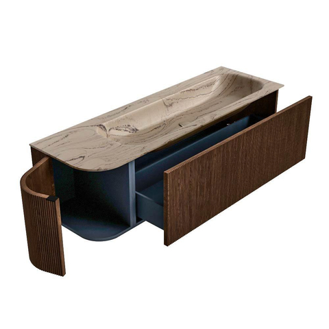 MONDIAZ KURVE-DLUX 145cm badmeubel ronding Links kleur Walnut met 1 lade en 1 deur. Wastafel BIG LARGE Rechts 2 kraangaten Arena. SW1431227
