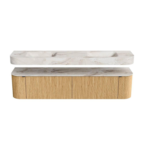 MONDIAZ THOR-DLUX 200cm meuble de salle de bains arrondi gauche + droite couleur Oak avec 2 tiroirs et 2 portes. Vasque suspendue CLOUD Double sans trou de robinet couleur Frappe. SW1466927