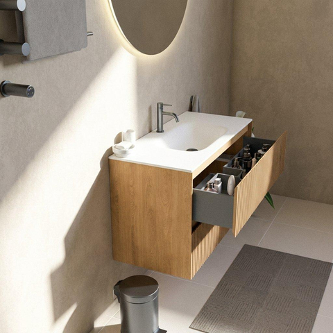 Saniclass Holz Atelier Badkamermeubelset - 100x45x61.5cm - Flow solid surface wastafel wit - 1 wasbak - 1 kraangat - 2 lades - mat eiken natural (hout) SW1478401