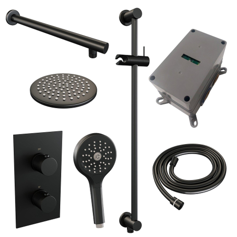Ensemble de douche pluie Brauer Black Carving encastré - douche principale 20 cm - bras mural droit - glijstang - avec partie encastrable - 2 fonctions - bouton carving - douchette ronde 1 fonction - noir mat SW716231