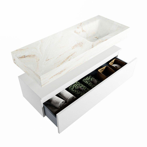 Mondiaz ALAN-DLUX Ensemble de meuble - 120cm - meuble Talc mat - 1 tiroir - Lavabo Cloud Frappe suspendu - vasque Droite - 1 trou de robinet SW805187