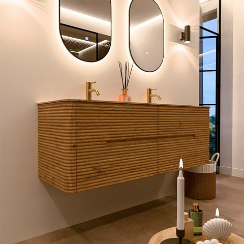 Mondiaz CIRO-DLUX Ensemble de meubles de salle de bains - 140x45x50cm - Plan vasque Solid surface Arena - 2 vasques Double - 2 trous de robinet - 4 tiroirs - Chêne SW1531347