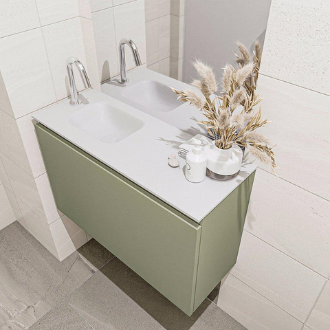 MONDIAZ OLAN Fonteinset - 80x30x40cm - 1 kraangat - 1 lade - army mat - wasbak links - Solid Surface Wit OUT13715