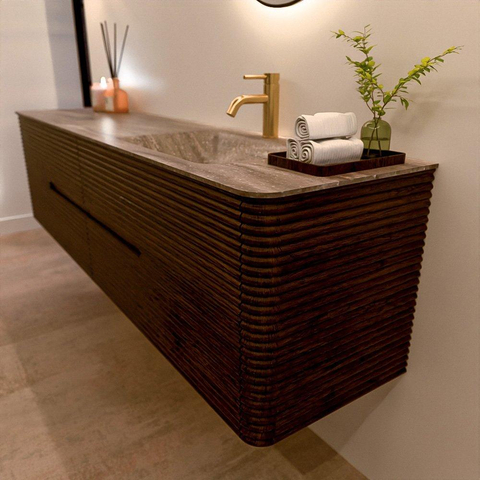 Mondiaz CIRO-DLUX Badkamermeubelset - 190x45x50cm - Solid surface wastafel Oza - 1 wasbak Rechts - 1 kraangat - 4 lades - Walnut SW1530697