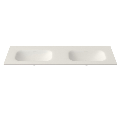 Saniclass Flow Meubelwastafel - 141x46x1.5cm - overloop - 2 wasbakken - zonder kraangaten - solid surface wit mat OUTLETSTORE STORE44205