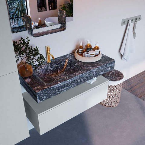 Mondiaz ALAN-DLUX Ensemble de meuble - 100cm - meuble Clay mat - 1 tiroir - Lavabo Cloud Lava suspendu - vasque Gauche - 1 trou de robinet SW808721