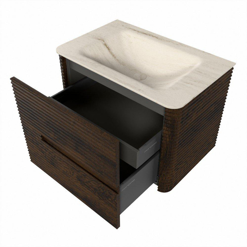 Mondiaz CIRO-DLUX Meuble de salle de bains ensemble - 70x45x50cm - Plan vasque solid surface Meli - 1 lavabo au milieu - 1 trou de robinet - 2 tiroirs - Noyer SW1530452