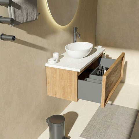 Saniclass Holz Frame Badkamermeubelset - 100x45x43cm - Dia marmeren wastafelblad gepolijst (wit) - 1 kraangat - 1 lade - mat eiken natural (hout) SW1478354