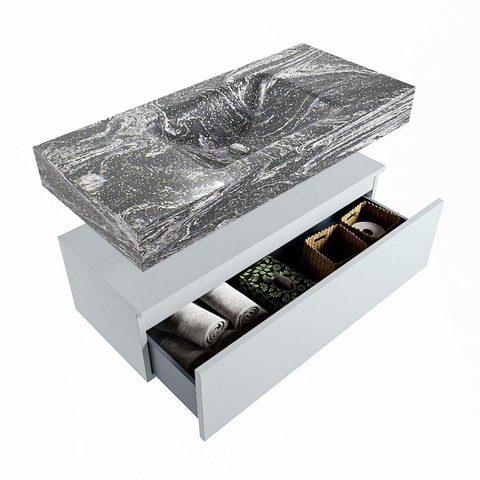 Mondiaz ALAN-DLUX Ensemble de meuble - 100cm - meuble Clay mat - 1 tiroir - Lavabo Cloud Lava suspendu - vasque Centre - 0 trous de robinet SW808504