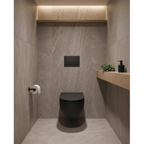 QeramiQ Dely Ensemble WC - 36.3x51.7cm - cuvette profonde - rimless - Réservoir encastré avec mécanisme de chasse Geberit UP320 - abattant WC à fermeture douce - plaque de commande noire mate - boutons rectangulaires - noir mat SW1413301