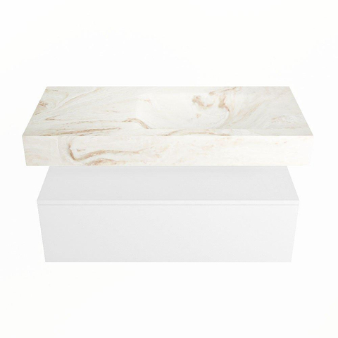 Mondiaz ALAN-DLUX Ensemble de meuble - 100cm - meuble Talc mat - 1 tiroir - Lavabo Cloud Frappe suspendu - vasque Droite - 1 trou de robinet SW804854
