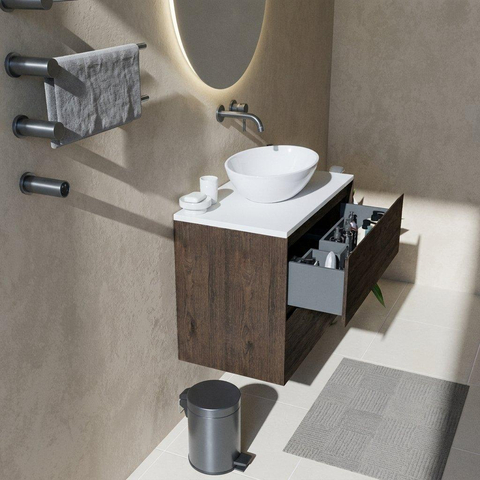 Saniclass Holz Pure Ensemble de meuble de salle de bains - 80x45x62.5cm - Plan de toilette Torino en solid surface blanc - sans trou de robinet - 2 tiroirs - chêne charcoal mat (bois) SW1478698
