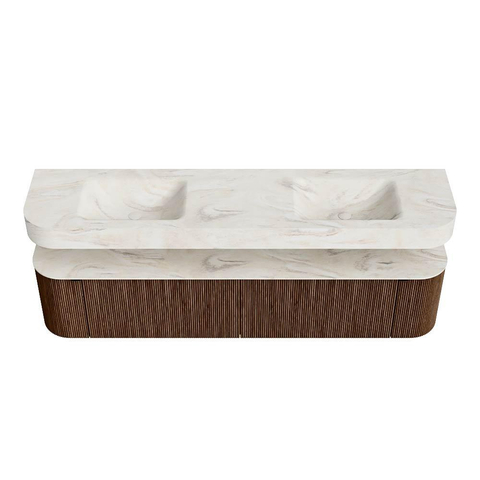 MONDIAZ THOR-DLUX 200cm badmeubel ronding links + rechts kleur Walnut met 2 lades en 2 deuren. Vrijhangende wastafel CLOUD Dubbel zonder kraangat kleur Ostra. SW1467002