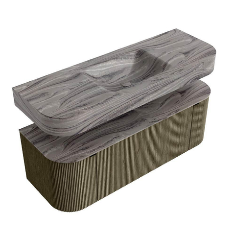 MONDIAZ THOR-DLUX 130cm meuble de salle de bains arrondi gauche + droite couleur Shadow avec 1 tiroir et 2 portes. Vasque suspendue CLOUD Milieu 1 trou de robinet couleur Sombra. SW1463870