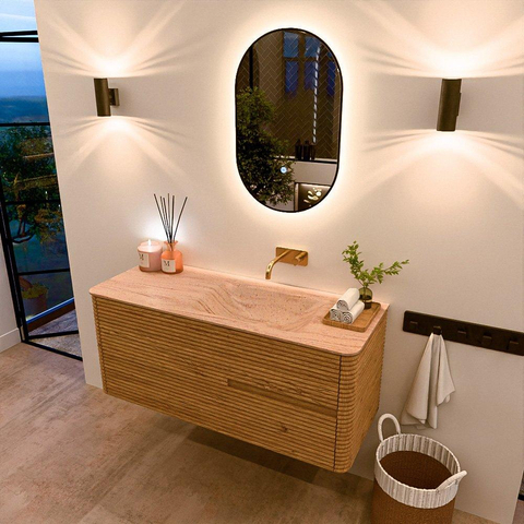Mondiaz CIRO-DLUX Meuble de salle de bains - 120x45x50cm - Plan vasque Solid surface Saba - 1 bassin à droite - sans trous de robinetterie - 2 tiroirs - Chêne SW1531174