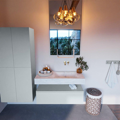Mondiaz ALAN-DLUX Ensemble de meuble - 100cm - meuble Clay mat - 1 tiroir - Lavabo Cloud Opalo suspendu - vasque Droite - 0 trous de robinet SW806873