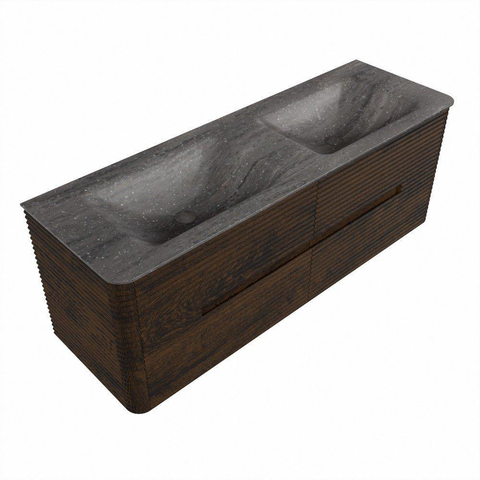 Mondiaz CIRO-DLUX Ensemble de meubles de salle de bains - 140x45x50cm - plan vasque solid surface Oza - 2 vasques Double - sans trous de robinet - 4 tiroirs - Noyer SW1530636