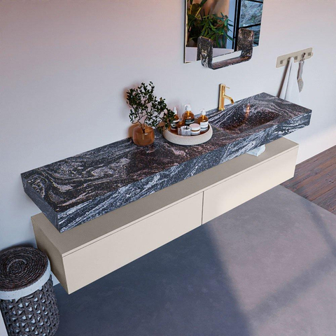 Mondiaz ALAN-DLUX Ensemble de meuble - 200cm - meuble Linen mat - 2 tiroirs - Lavabo Cloud Lava suspendu - vasque droite - 1 trou de robinet SW808182