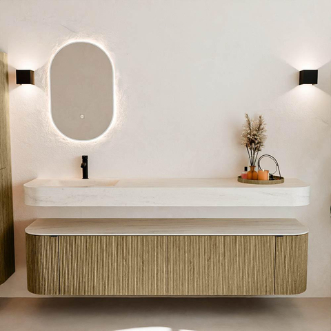 MONDIAZ THOR-DLUX Meuble de salle de bains - 190cm - arrondi gauche + droite - couleur Dusk - 2 tiroirs - 2 portes - Vasque suspendue CLOUD Gauche 1 trou de robinet - couleur Meli SW1466723
