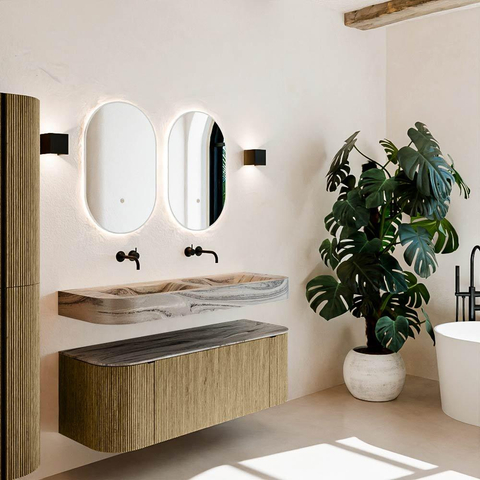 MONDIAZ THOR-DLUX 130cm meuble de salle de bains arrondi gauche + droite couleur Dusk avec 1 tiroir et 2 portes. Vasque suspendue CLOUD Double sans trou de robinet couleur Sombra. SW1464070