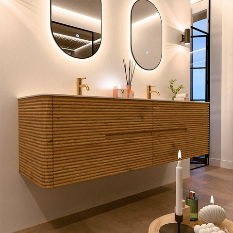 Mondiaz CIRO-DLUX Badkamermeubelset - 170x45x50cm - Solid surface wastafel Nata - 2 wasbak Dubbel - 2 kraangaten - 4 lades - Oak SW1531474