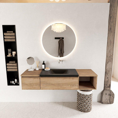 MONDIAZ BUKLA 160cm meuble de salle de bain avec module ouvert 40 à droite couleur Chêne blanchi avec 2 tiroirs. Lavabo CLOUD centre 0 trous de robinet couleur Urbaine. SW1382098
