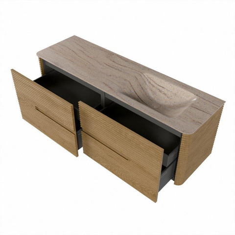 Mondiaz CIRO-DLUX Ensemble de meubles de salle de bains - 150x45x50cm - vasque solid surface Saba - 1 lavabo à droite - 1 trou de robinet - 4 tiroirs - Chêne SW1531227