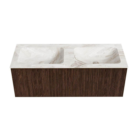 MONDIAZ KURVE-DLUX Meuble de salle de bains 120cm couleur Walnut avec 1 tiroir. Lavabo LEAF double 2 trous de robinet couleur Frappe. SW1137471