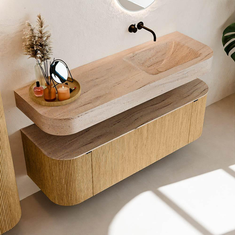 MONDIAZ THOR-DLUX 140cm badmeubel ronding links + rechts kleur Oak met 1 lade en 2 deuren. Vrijhangende wastafel CLOUD Rechts zonder kraangat kleur Saba. SW1464328