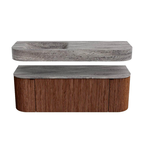 MONDIAZ THOR-DLUX 130cm badmeubel ronding links + rechts kleur Ruby met 1 lade en 2 deuren. Vrijhangende wastafel CLOUD Links zonder kraangat kleur Oza. SW1464021