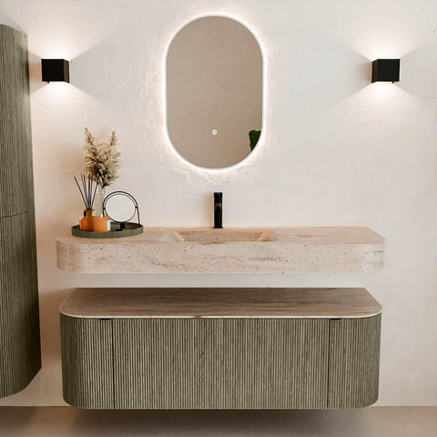 MONDIAZ THOR-DLUX 140cm badmeubel ronding links + rechts kleur Shadow met 1 lade en 2 deuren. Vrijhangende wastafel CLOUD Midden 1 kraangat kleur Saba. SW1464332