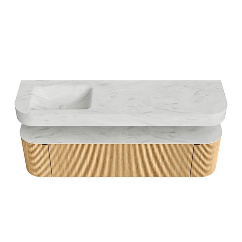 MONDIAZ THOR-DLUX 170cm meuble de salle de bains arrondi gauche + droite couleur Oak avec 1 tiroir et 2 portes. Vasque suspendue CLOUD Gauche sans trou de robinet couleur Opalo. SW1465429