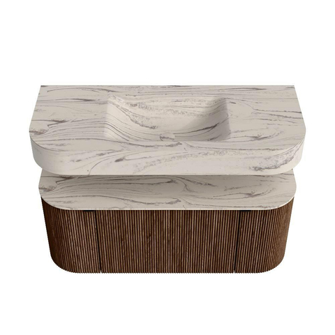 MONDIAZ THOR-DLUX 110cm badmeubel ronding links + rechts kleur Walnut met 1 lade en 2 deuren. Vrijhangende wastafel CLOUD Midden zonder kraangat kleur Nata. SW1462940