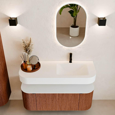 MONDIAZ THOR 120cm meuble de salle de bains arrondi gauche + droite couleur Ruby avec 1 tiroir et 2 portes. Vasque suspendue CLOUD Droite 1 trou de robinet couleur Talc. SW1463295