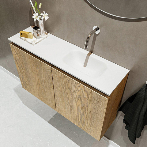 MONDIAZ TURE Toiletmeubel 80x23x50cm met 0 kraangaten 2 deuren washed oak mat Wastafel Eden rechts Solid Surface Wit SW475136