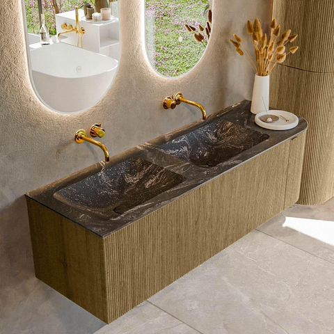 Mondiaz KURVE-DLUX Ensemble de meuble de salle de bains - 145x46x40cm - 1 tiroir - 1 porte - lavabo solid surface - double / gauche - sans trou de robinet - Dusk SW1415544