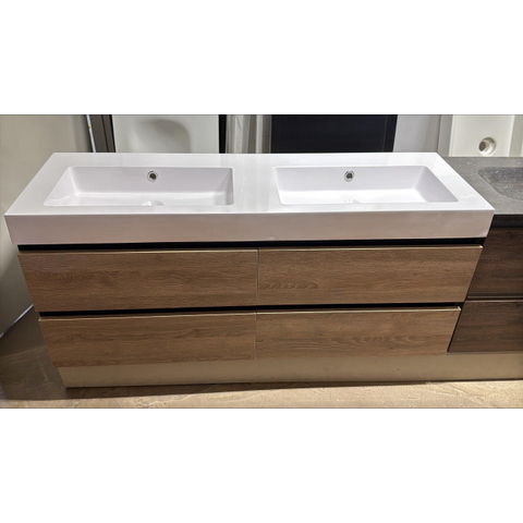BRAUER Onderkast Solution 140 Mat Zwart met legno calore lade fronten - met Brauer solar thick wastafel- 2 wasbakken- 0 kraangaten - OUTLET UDEN STORE18658