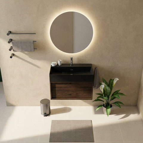 Saniclass Holz Frame Badkamermeubelset - 80x45x52cm - Legend keramische wastafel mat zwart - 1 wasbak - 1 kraangat - 1 lade - mat eiken charcoal (hout) SW1579687