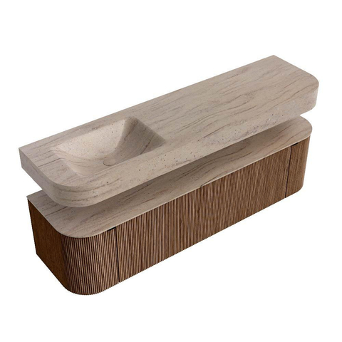 MONDIAZ THOR-DLUX Meuble de salle de bains 170cm arrondi gauche + droite couleur Walnut avec 1 tiroir et 2 portes. Vasque suspendue CLOUD Gauche sans trou de robinet couleur Saba. SW1465712