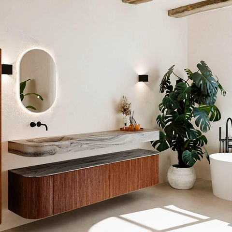 MONDIAZ THOR-DLUX 200cm meuble de salle de bains arrondi gauche + droite couleur Ruby avec 2 tiroirs et 2 portes. Vasque suspendue CLOUD Gauche sans trou de robinet couleur Sombra. SW1467278