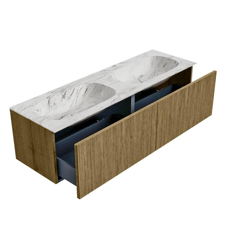 Mondiaz KURVE-DLUX Badkamermeubelset - 150x46x40cm - 2 lade - wastafel solid surface - dubbel - zonder kraangat - Dusk SW1415209