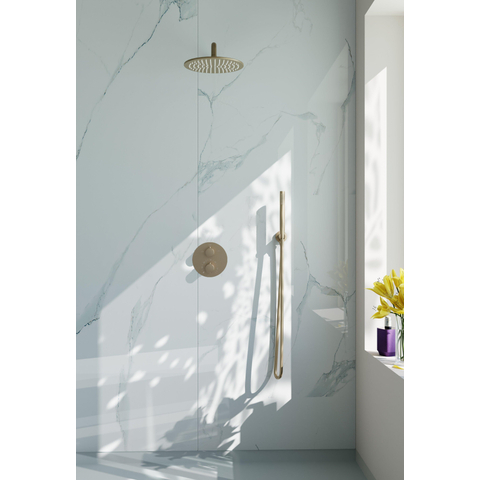Fortifura Calvi Inbouw Regendoucheset - rond - thermostatisch - wandarm - 25cm - hoofddouche - staaf handdouche - gladde slang - PVD - geborsteld messing (goud) SW1244292